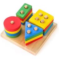 [아마존베스트]Boxiki kids Wooden Stacking Toys & Shape Sorting Board | Geometric Shape Stacker | Eco-Friendly & Non-Toxic Wooden Toy | Early Childhood Development Toys for Fine Motor Skills