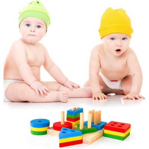 [아마존베스트]Boxiki kids Wooden Stacking Toys & Shape Sorting Board | Geometric Shape Stacker | Eco-Friendly & Non-Toxic Wooden Toy | Early Childhood Development Toys for Fine Motor Skills
