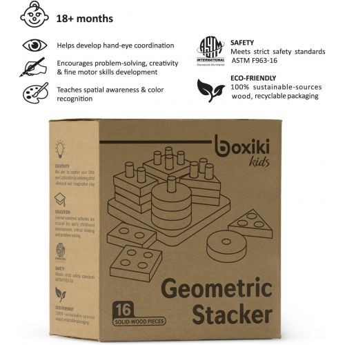  [아마존베스트]Boxiki kids Wooden Stacking Toys & Shape Sorting Board | Geometric Shape Stacker | Eco-Friendly & Non-Toxic Wooden Toy | Early Childhood Development Toys for Fine Motor Skills