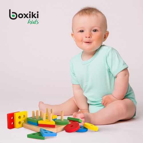  Boxiki kids Montessori Toys for 1 to 3-Year-Old Boys Girls Toddlers, Wooden Shape Sorter & Stacking Toys, Color Recognition Stacker, Baby Puzzles Gift