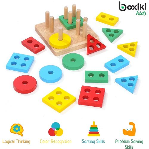  Boxiki kids Montessori Toys for 1 to 3-Year-Old Boys Girls Toddlers, Wooden Shape Sorter & Stacking Toys, Color Recognition Stacker, Baby Puzzles Gift