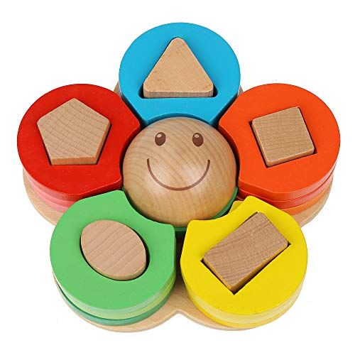  Wooden Stacking Montessori Toys by Boxiki Kids. Color Shape Sorting Board for Toddlers. Non-Toxic Baby Wooden Toy for Early Development & Fine Motor Skills. 18 Month Old Toys (Flow