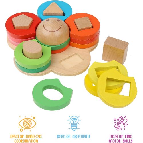  Wooden Stacking Montessori Toys by Boxiki Kids. Color Shape Sorting Board for Toddlers. Non-Toxic Baby Wooden Toy for Early Development & Fine Motor Skills. 18 Month Old Toys (Flow