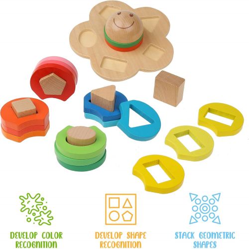  Wooden Stacking Montessori Toys by Boxiki Kids. Color Shape Sorting Board for Toddlers. Non-Toxic Baby Wooden Toy for Early Development & Fine Motor Skills. 18 Month Old Toys (Flow