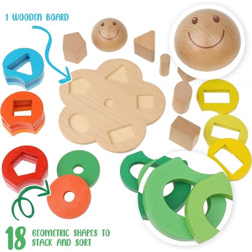  Wooden Stacking Montessori Toys by Boxiki Kids. Color Shape Sorting Board for Toddlers. Non-Toxic Baby Wooden Toy for Early Development & Fine Motor Skills. 18 Month Old Toys (Flow