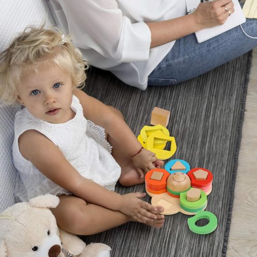  Wooden Stacking Montessori Toys by Boxiki Kids. Color Shape Sorting Board for Toddlers. Non-Toxic Baby Wooden Toy for Early Development & Fine Motor Skills. 18 Month Old Toys (Flow