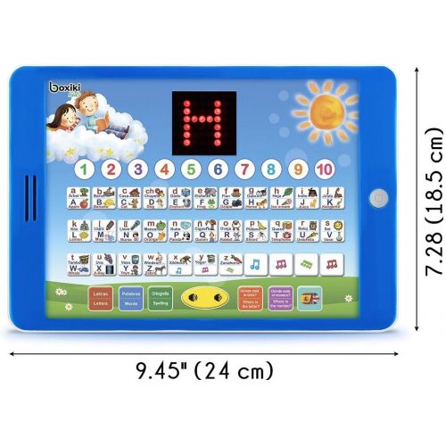  Boxiki kids Spanish-English Tablet / Bilingual Educational Toy with LCD Screen Display. Touch-and-Teach Pad for Children. Learning Spanish and English. ABC Games, Spelling, “Where is?” Kids Ga