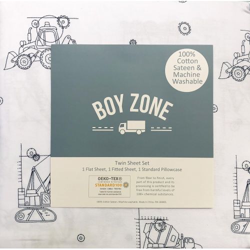  Boy Zone Bedding Kids 3 Piece Twin Size Single Bed Cotton Sheet Set Construction Equipment Tractors Cement Trucks Line Drawings Dark Blue on White