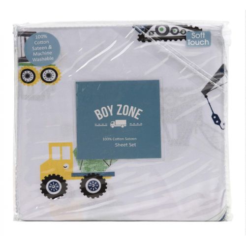  Boy Zone Construction Full Sheet Set 4 pc Cotton Trucks Tractors Cars Yellow Green Bedding