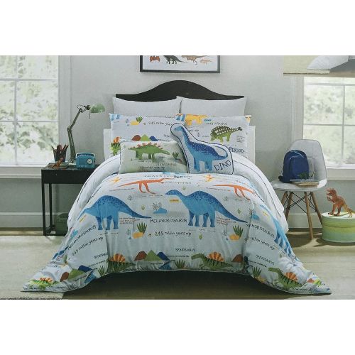  Boy Zone Dinosaurs Comforter Set Twin or Queen Dino Pillows Kids Room Cute Colorful Jurassic Decor Prehistoric Style Bedding Blue Green Orange Yellow (Twin)