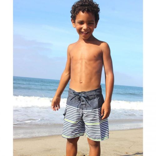  Boys White, Blue, and Green Polyester Dotted-line-striped Board Shorts by Azul Swimwear