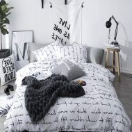 Boys bedding CLOTHKNOW Letters Duvet Cover Sets Queen Cotton White Full Bedding Set Black Letter Pattern Modern Bedding Duvet Cover Sets for Teens Girls Women with Zipper Closure 2 Pillowcases