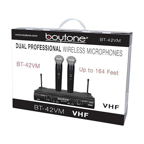 보이톤 Boytone BT-42VM Dual Frequency Wireless Microphone System, 2-Channel, 174-216MHz, 15 Hours Battery Life