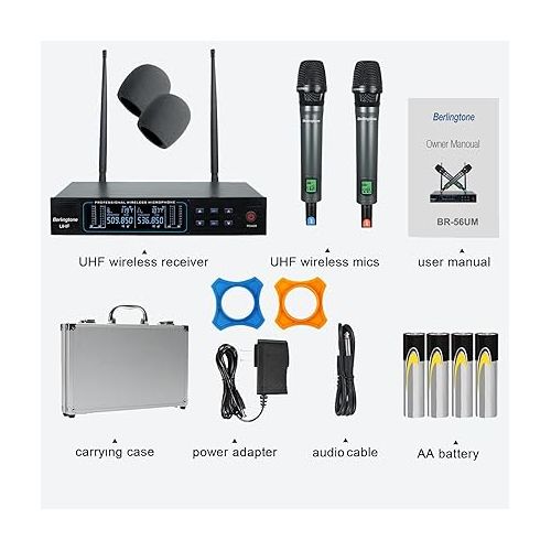 보이톤 Berlingtone BR-56UM 120- Adjustable Channel Dynamic Dual UHF Wireless Microphone System, Metal Mic, Base