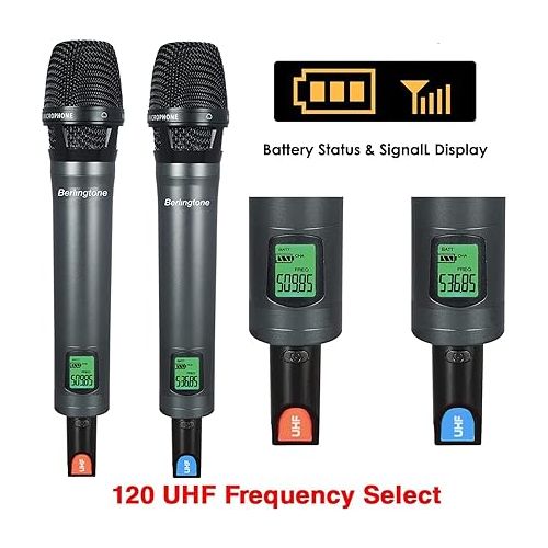 보이톤 Berlingtone BR-56UM 120- Adjustable Channel Dynamic Dual UHF Wireless Microphone System, Metal Mic, Base