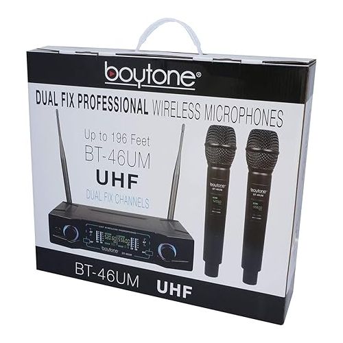 보이톤 Boytone BT-46UM UHF Wireless Microphone System - Dual Fixed Frequency Channel, 2 Metal Handheld Dynamic Transmitter Mics, for Party, Church, Aluminum Carrying Cases, 110/220V