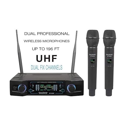 보이톤 Boytone BT-46UM UHF Wireless Microphone System - Dual Fixed Frequency Channel, 2 Metal Handheld Dynamic Transmitter Mics, for Party, Church, Aluminum Carrying Cases, 110/220V