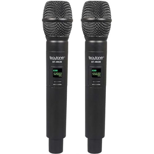 보이톤 Boytone BT-46UM UHF Wireless Microphone System - Dual Fixed Frequency Channel, 2 Metal Handheld Dynamic Transmitter Mics, for Party, Church, Aluminum Carrying Cases, 110/220V