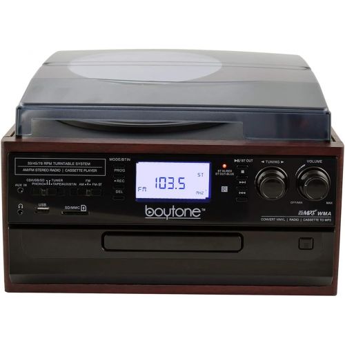 보이톤 Boytone BT-22C, Bluetooth Record Player Turntable, AM/FM Radio, Cassette, CD Player, 2 Built in Speaker, Ability to Convert Vinyl, Radio, Cassette, CD to MP3 Without a Computer, SD