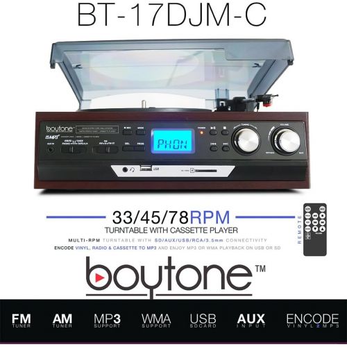 보이톤 Boytone BT-17DJM-C 3-Speed Stereo Turntable, 2 Built in Speakers Digital LCD Display AM/FM, USB/SD/AUX+ Cassette/MP3 & WMA Playback /Recorder & Headphone Jack + Remote Control