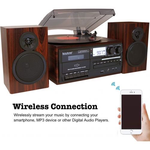 보이톤 Boytone BT-28MB, Bluetooth Classic Style Record Player Turntable with AM/FM Radio, CD/Cassette Player, 2 Separate Stereo Speakers, Record from Vinyl, Radio, and Cassette to MP3, SD