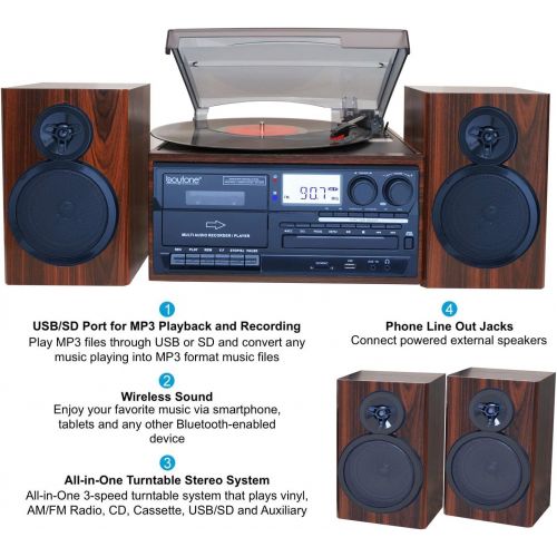 보이톤 Boytone BT-28MB, Bluetooth Classic Style Record Player Turntable with AM/FM Radio, CD/Cassette Player, 2 Separate Stereo Speakers, Record from Vinyl, Radio, and Cassette to MP3, SD