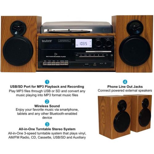 보이톤 Boytone BT-28SPW, Bluetooth Classic Style Record Player Turntable with AM/FM Radio, CD / Cassette Player, 2 Separate Stereo Speakers, Record from Vinyl, Radio, and Cassette to MP3,