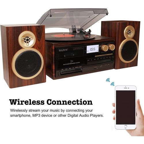 보이톤 Boytone BT-28SPM, Bluetooth Classic Style Record Player Turntable with AM/FM Radio, CD / Cassette Player, 2 Separate Stereo Speakers, Record from Vinyl, Radio, and Cassette to MP3,