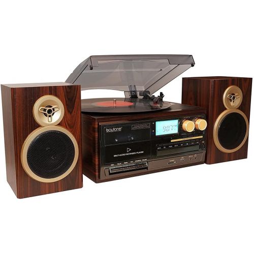 보이톤 Boytone BT-28SPM, Bluetooth Classic Style Record Player Turntable with AM/FM Radio, CD / Cassette Player, 2 Separate Stereo Speakers, Record from Vinyl, Radio, and Cassette to MP3,