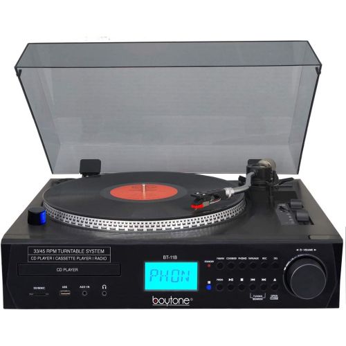 보이톤 Boytone BT-11B Fully Automatic Large Size Turntable, Bluetooth Wireless, 2 Built in Stereo Speaker, S-Shaped Tone Arm with Adjustable Counterweight & Pitch Control, AMFM, CD, USB,