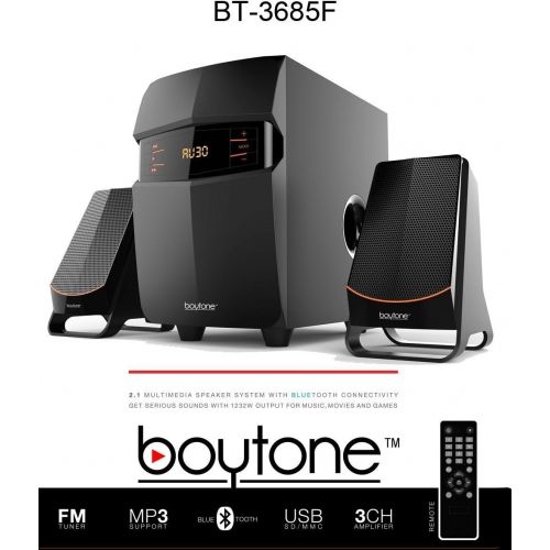 보이톤 Boytone BT-3685F, Wireless Bluetooth 2.1 Multimedia Powerful Bass System with FM Radio, Remote Control, Aux Port, USB SD Slot MMC Audio for Phones, Tablets, Music and Movies., bl