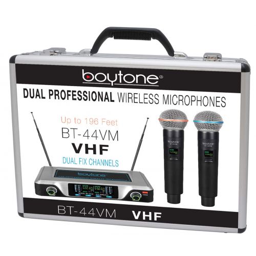 보이톤 Boytone BT-44VM Dual Digital Channel Wireless Microphone System - VHF Fixed Frequency Wireless Mic Receiver, 2 Handheld Dynamic Transmitter Mics, for Party, Church, Aluminum carryi