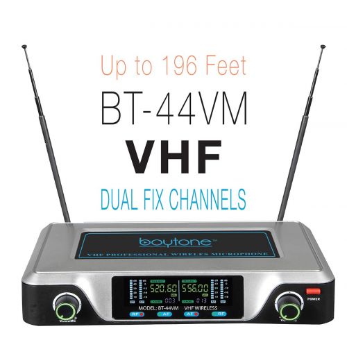보이톤 Boytone BT-44VM Dual Digital Channel Wireless Microphone System - VHF Fixed Frequency Wireless Mic Receiver, 2 Handheld Dynamic Transmitter Mics, for Party, Church, Aluminum carryi