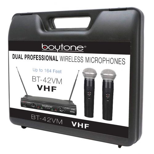 보이톤 Boytone BT-42VM Dual Channel Wireless Microphone System - VHF Fixed Dual Frequency Wireless Mic Receiver, 2 Handheld Dynamic Transmitter Mics, for Karaoke, Dj, Church, Conference,