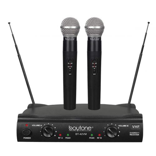 보이톤 Boytone BT-42VM Dual Channel Wireless Microphone System - VHF Fixed Dual Frequency Wireless Mic Receiver, 2 Handheld Dynamic Transmitter Mics, for Karaoke, Dj, Church, Conference,
