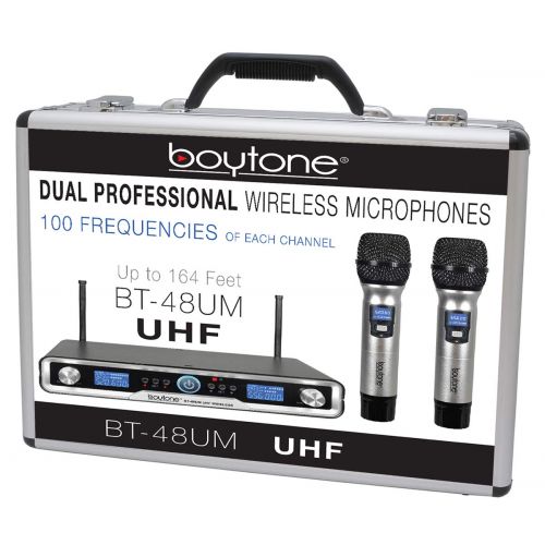 보이톤 Boytone BT-48UM 100 Channels professional Dual UHF Digital Wireless Microphone System, with 2 Handheld Dynamic Cordless Microphone, Good for Church, Events, concert with Aluminum c
