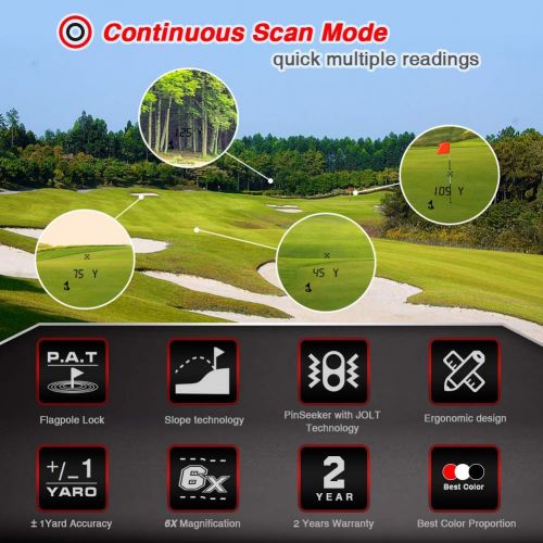  Bozily Golf Rangefinder, 6X Rechargeable Laser Range Finder 1200 Yards with Slope Adjustment, Flag-Lock, Slope ON/Off, 4 Scan Mode, Continuous Scan Support - Tournament Legal Golf
