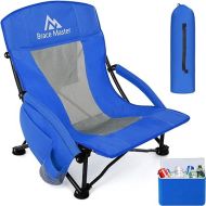Brace Master Beach Chair Camping Chair,Low Back Sand Chairs,Foldable Mesh Back Design with Cup Holder & Cooler & Phone Bag,for Camping,Beach,Picnic（Blue 1 Pack）