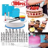 Braceus 106Pcs Cake Decorating Supplies Kits Baking Tools Set 1 Cake Turntable, 48 Stainless Icing Tips, Pastry Reusable Bag, Disposable Bag, Cake Flower Lifter, Cupcake, Flower Na