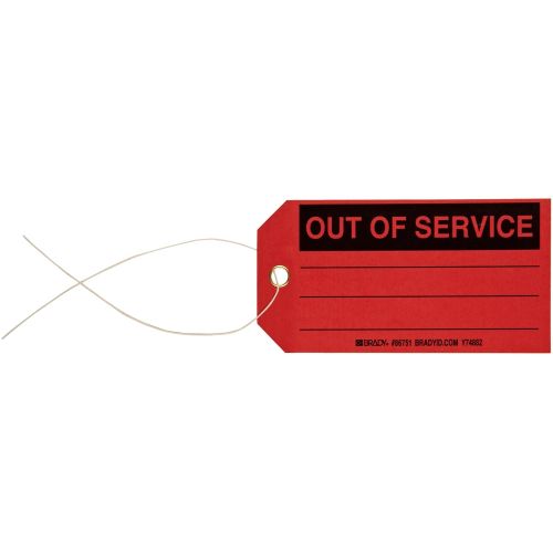  Brady 86751 5-3/4 Height, 3 Width, B-853 Cardstock, Black On Red Color Production Status Tag, Legend Out Of Service (Pack Of 100)