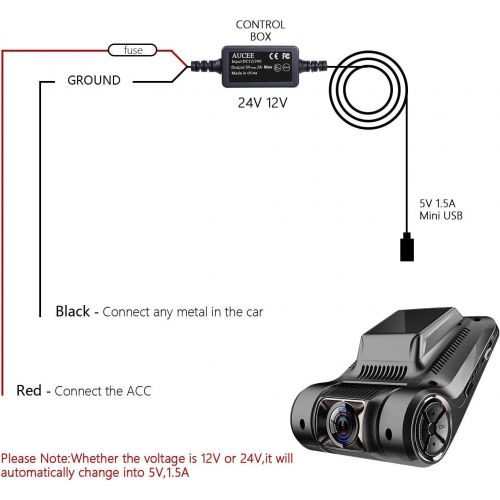  [아마존베스트]AUCEE Dash Cam Hardwire kit, Mini USB Port,DC 12v/24v to 5V/2A Max Car Charger Cable kit with Fuse,Low Voltage Protection for Dash Cameras