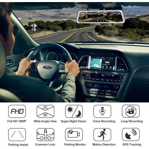  [아마존베스트]BENEWEAR Backup Camera 9.66 Mirror Dash Cam Touch Screen 1080P Rearview Front and Rear Dual Lens with Waterproof Reversing Camera