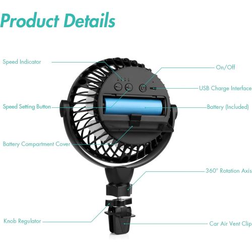  [아마존베스트]COMLIFE Car Fan, Car Air Vent Clip Fan, 2200 mAh Rechargerable Battery powered fan, Air Circulation Fan with High Airflow, Four Speeds, 360°Rotation, Must Have for Driver in Summer(Battery