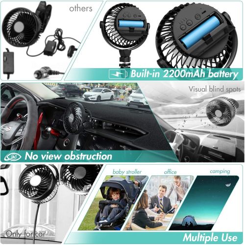  [아마존베스트]COMLIFE Car Fan, Car Air Vent Clip Fan, 2200 mAh Rechargerable Battery powered fan, Air Circulation Fan with High Airflow, Four Speeds, 360°Rotation, Must Have for Driver in Summer(Battery