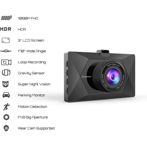  [아마존베스트]Crosstour Dash Cam 1080P FHD Mini in Car Dashboard Camera with Park Mode, G Sensor, F1.8 Super Big Aperture, 3 Inch LCD, 170°Wide Angle, WDR, Motion Detection, Loop Recording