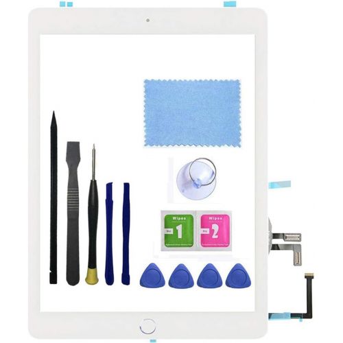  [아마존베스트]FeiyueTech White Touch Screen Digitizer for iPad 5 2017 (A1822, A1823) Front Glass Assembly -Includes Home Button + Camera Holder+PreInstalled Adhesive with Tools kit.