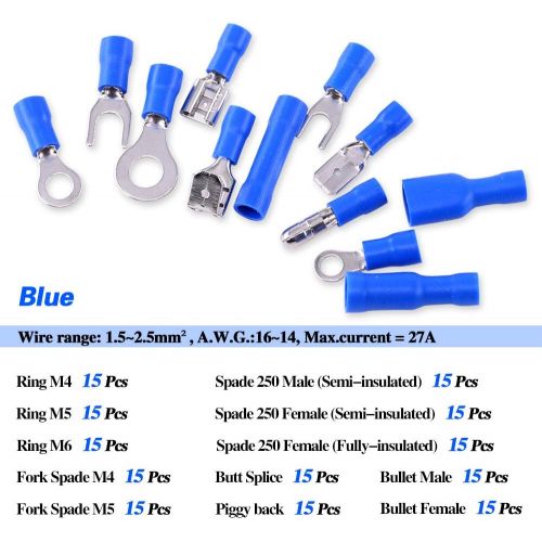  [아마존베스트]Glarks 540pcs 22-16/16-14/12-10 Gauge Mixed Quick Disconnect Electrical Insulated Butt Bullet Spade Fork Ring Solderless Crimp Terminals Connectors Assortment Kit