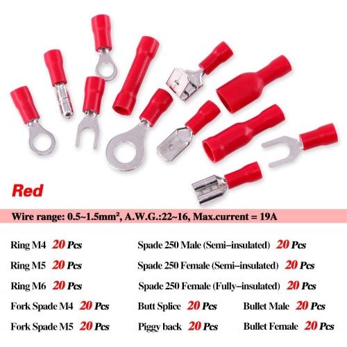  [아마존베스트]Glarks 540pcs 22-16/16-14/12-10 Gauge Mixed Quick Disconnect Electrical Insulated Butt Bullet Spade Fork Ring Solderless Crimp Terminals Connectors Assortment Kit