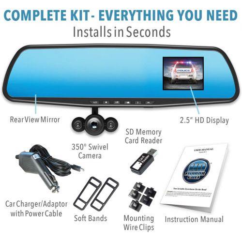  [아마존베스트]Official HD Mirror Cam  As Seen on TV Dash Cam 350°, Motion Detection, 2.5” LCD, 720P HD, Dashboard Camera Video Recorder with Micro SD Card, Loop Recording, Night-Mode (8GB)