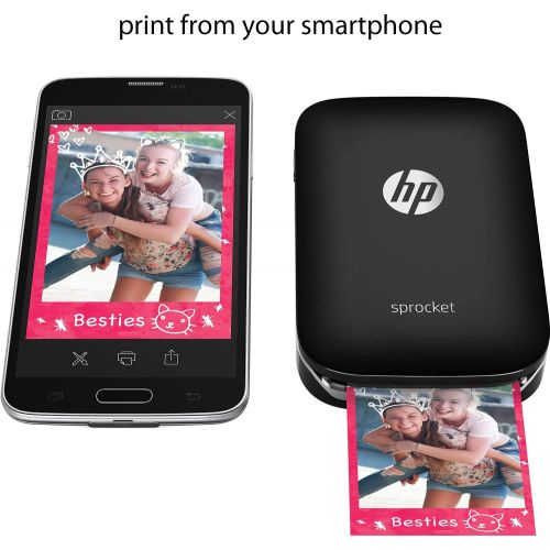  HP Sprocket Photo Printer, Print Social Media Photos on 2x3 Sticky-Backed Paper (Black) + Photo Paper (60 Sheets) + Protective Case + USB Cable + HeroFiber Gentle Cleaning Cloth
